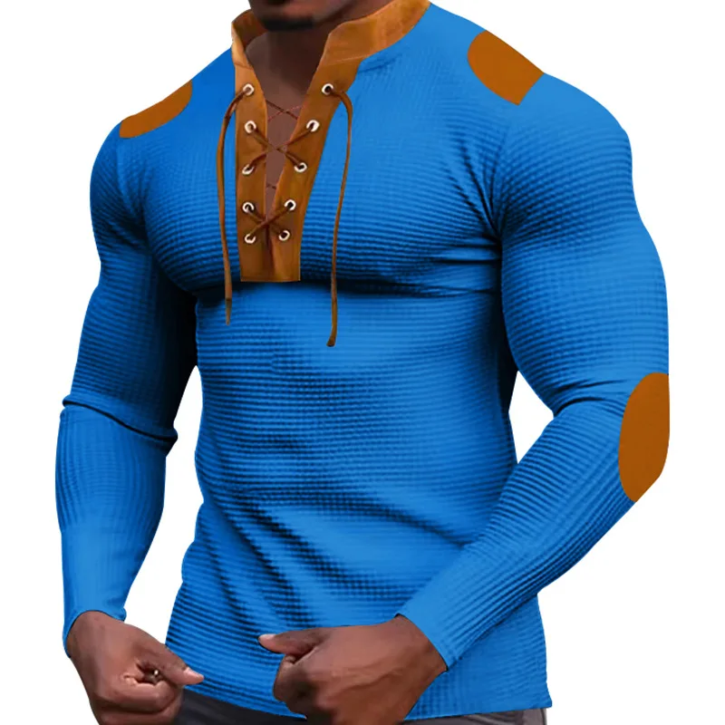 Cross-border new men\'s waffle color matching strap V-neck top casual long-sleeved bottoming T-shirt