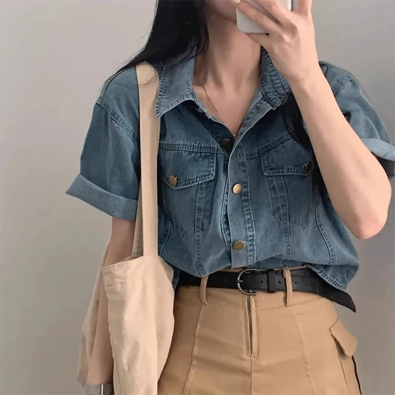 

Retro Hong Kong Sle Summer Chic Casual Loose ort Sve Collar ket Single Button Denim Jaet Women's Faion Outerwear
