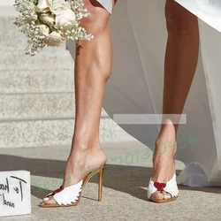 White Elegant Wing Mules Women Sweet Peep Toe Red Heart Crystal Evening Shoes Summer Ladies Metallic Luxury High Heels Slippers