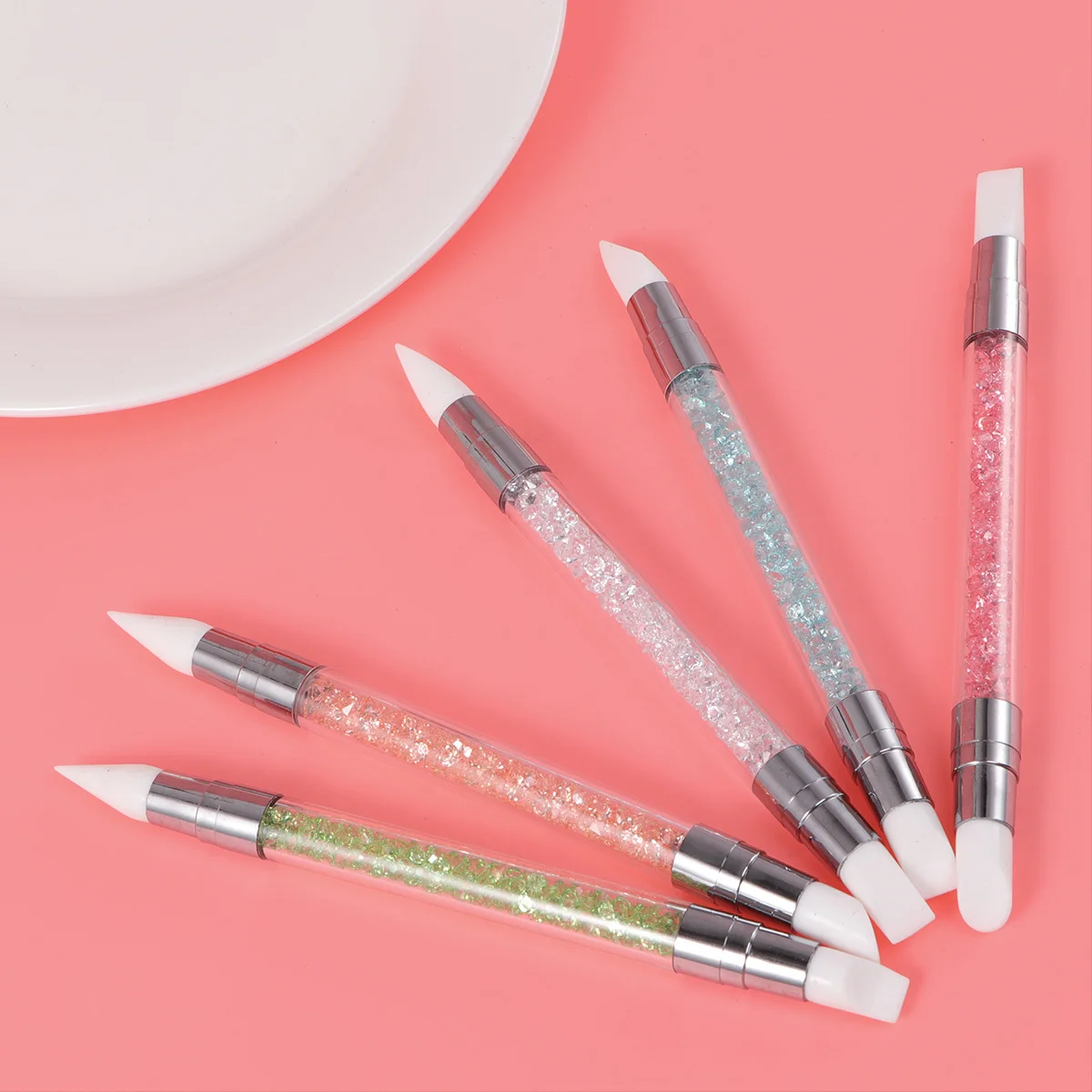 Zestaw narzędzi do zdobienia paznokci 5 szt. Premium, silikonowy długopis z podwójną końcówką do nakładania cyrkonii, do manicure, do nakładania klejonej biżuterii na paznokcie, aplikator do cyrkonii.