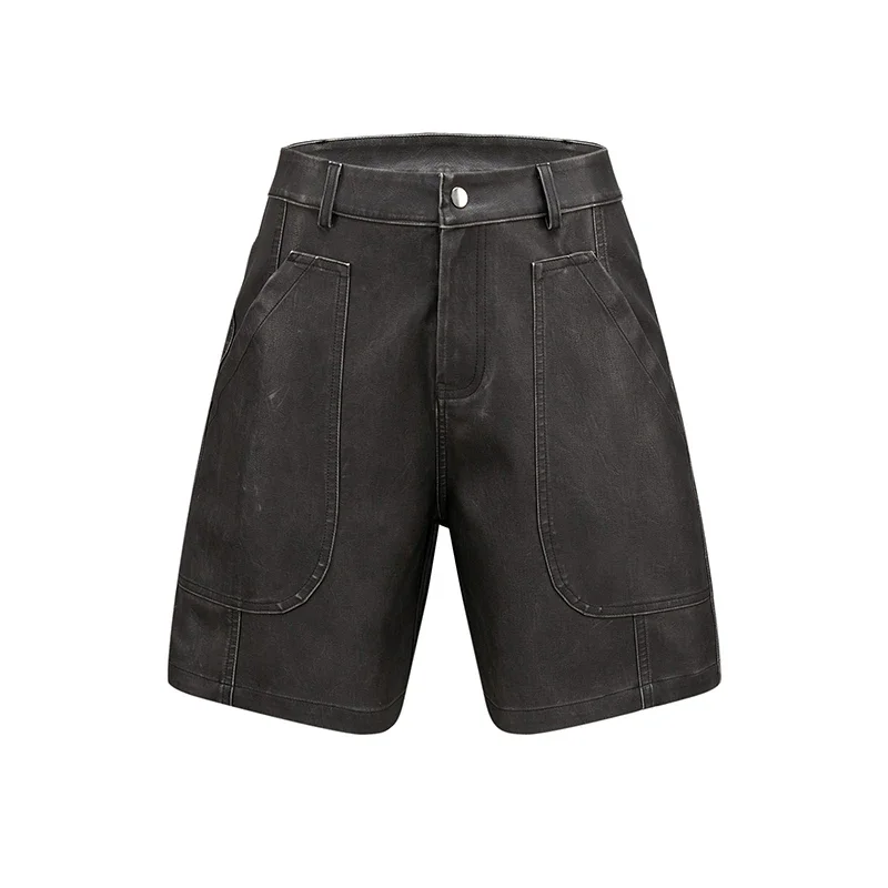 High Street Cleanfit Pocket Pu Leather Summer Shorts for Men Wide Leg Vintage Casual Baggy Five Point Pants Oversized
