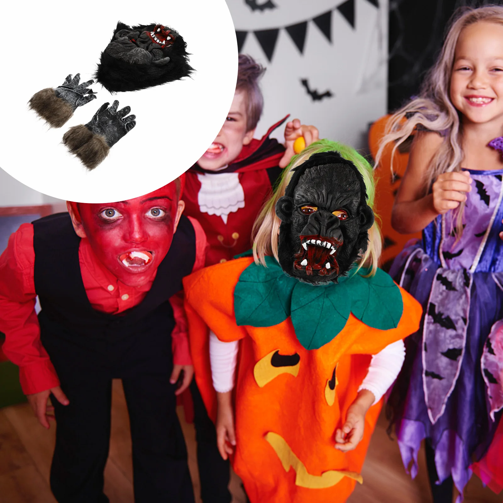 مجموعة قفازات رأس Orangutan قناع الغوريلا قفازات زي المكياج للهالوين حفلة تنكرية مستحلب مضحك مخيف