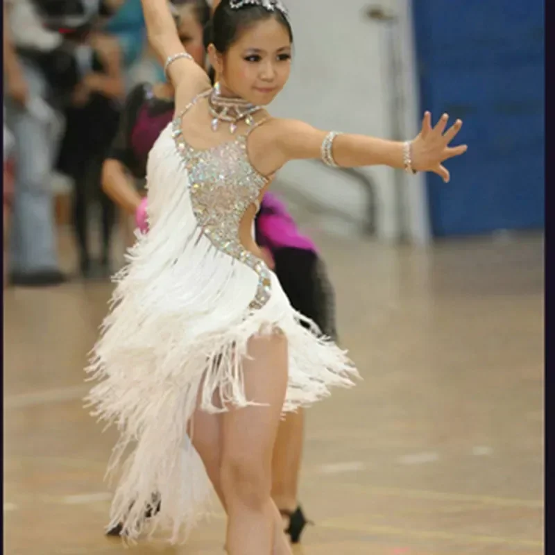 Borlas lantejoulas Traje De Dança Latina Para Meninas, Vestidos De Competição, Vestidos De Dança De Salão