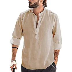 Men's Casual Blouse Cotton Linen Shirt Loose Tops Long Sleeve Tee Shirt Spring Autumn Casual Handsome Men's Shirts