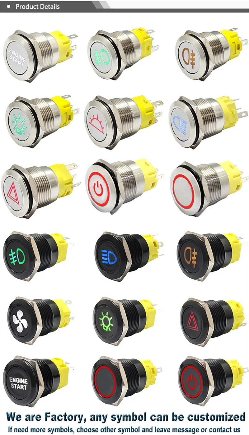 FILM Warn-LED, 12 V, 19 mm, Kontrollleuchte, Metall-Drucktastenschalter, Sperre und Momentan, Ein-Aus, mit Dash-LOGO-Symbol – Detail 3