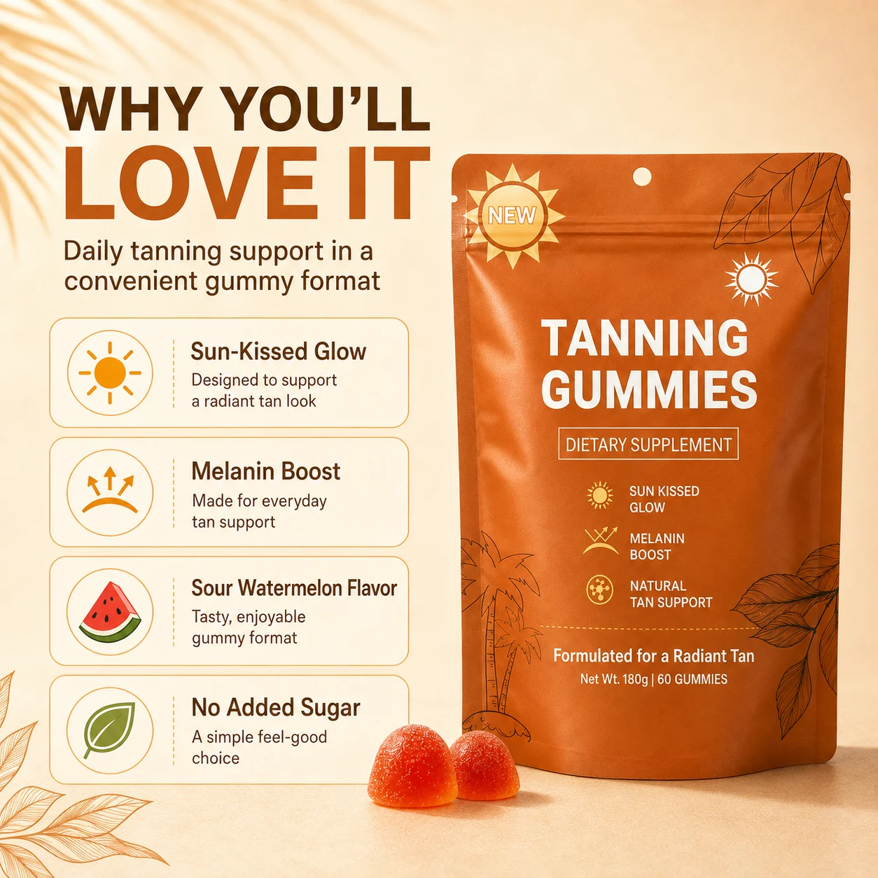 Tanning Gummies for Women, Sunless Bronzing Glow Support, Vegan Sugar-Free, Non-GMO, Astaxanthin & Lycopene, 60 Count