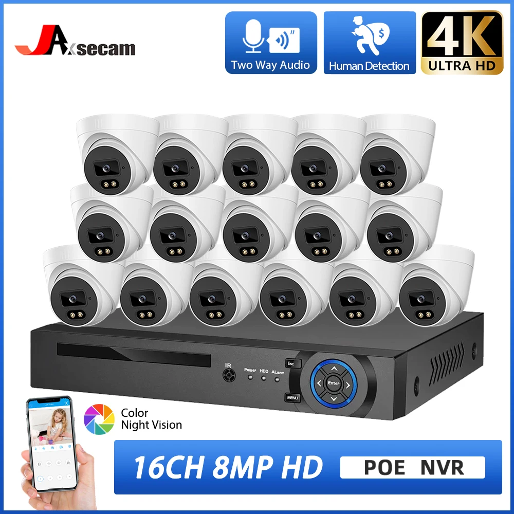 

4K POE Security Camera System 16CH NVR Kit 8MP Dome Camera Ai Human Detect Outdoor 8MP Two Way Audio 8CH Video Surveillance Set