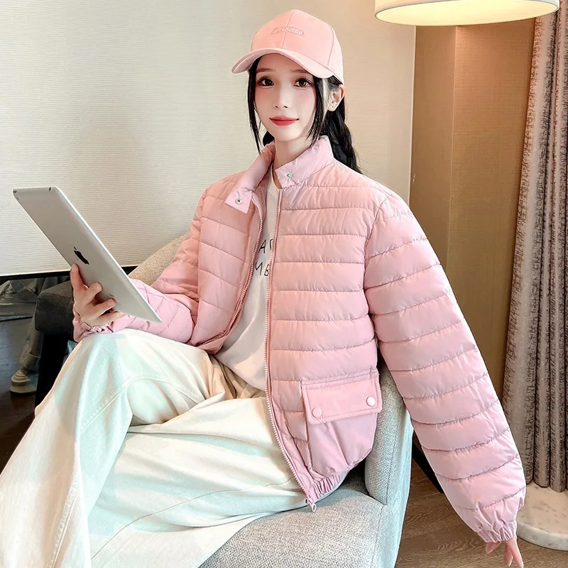 Autumn Winter Lightweight Quilted Cotton Coat Women Short Jacket Puffer Jacket Warm Windproof Jackets Pockets Zipper Tops Black