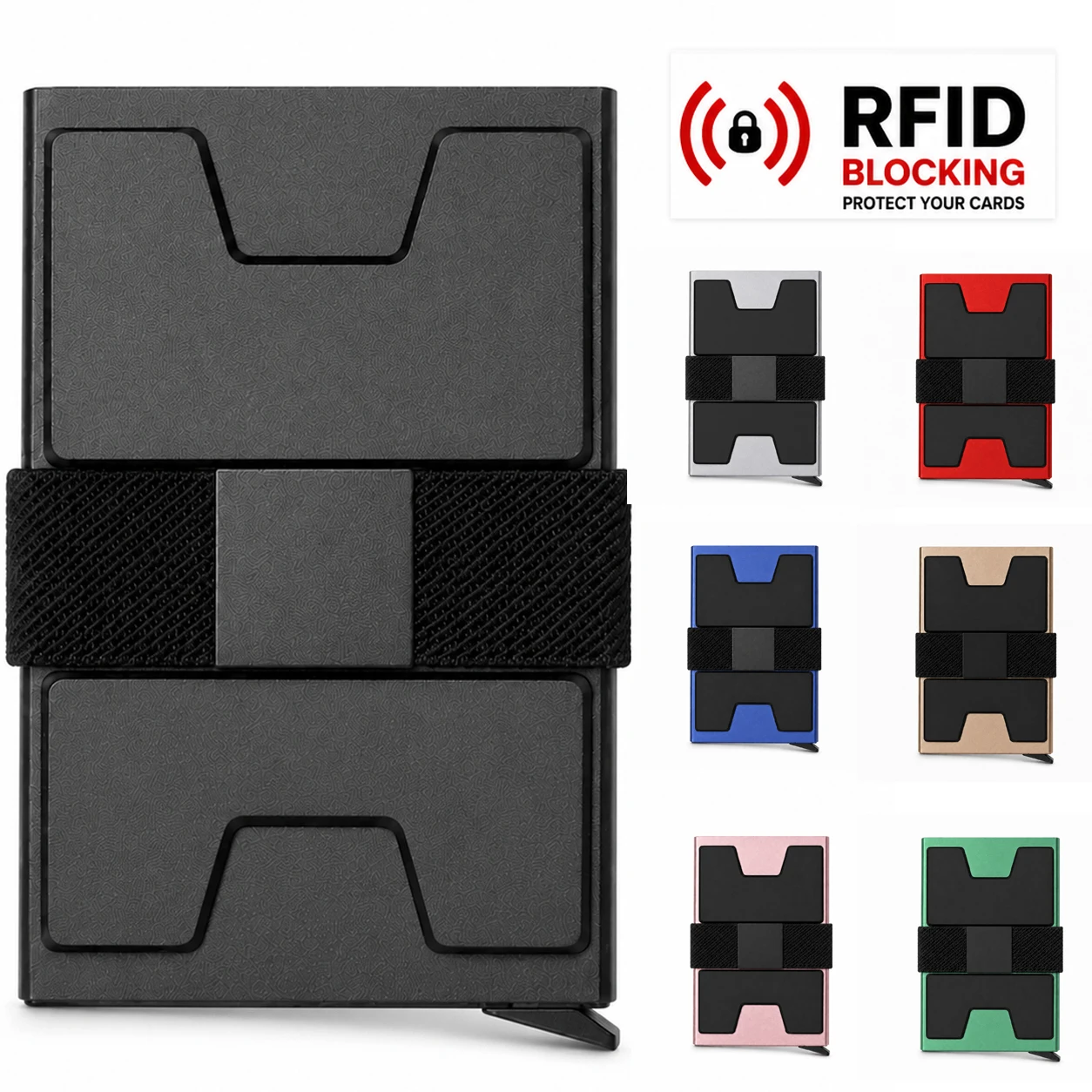 Slim Magnetic RFID Blocking Metal Wallet for Men, One-Click Pop-Up ID Bank ID Credit Card Holder Case with Elastic Cash Strap