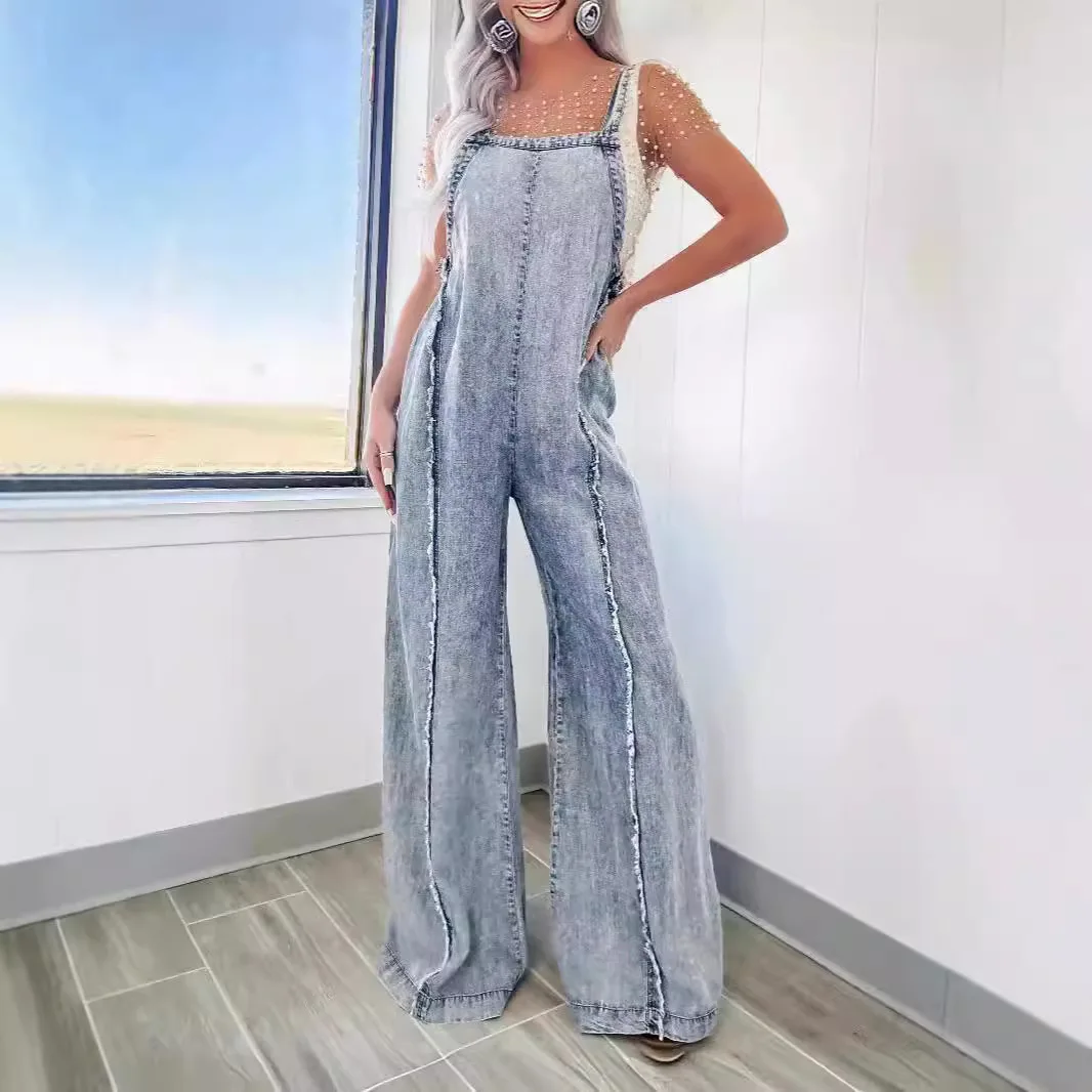 

Women New Loose Overalls Retro Bleached Raw Hem Wide Legs Jumpsuit Sleeveless High Waist Jumpsuits Pants