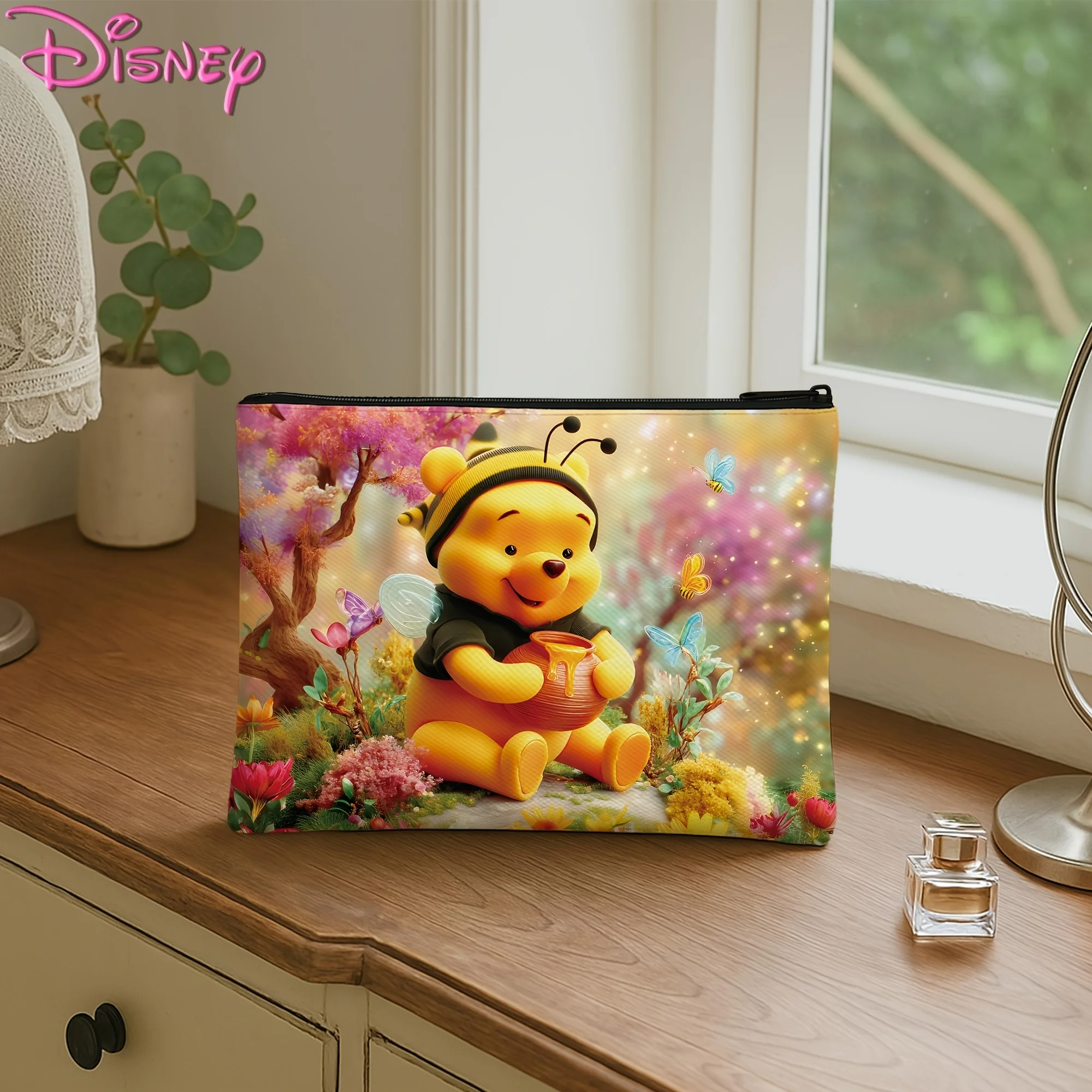 1 bolsa de cosméticos de Winnie the Pooh de Disney, lindo patrón floral de abeja y mariposa, bolsa de almacenamiento con cremallera de viaje perfecta, divertido regalo de cumpleaños