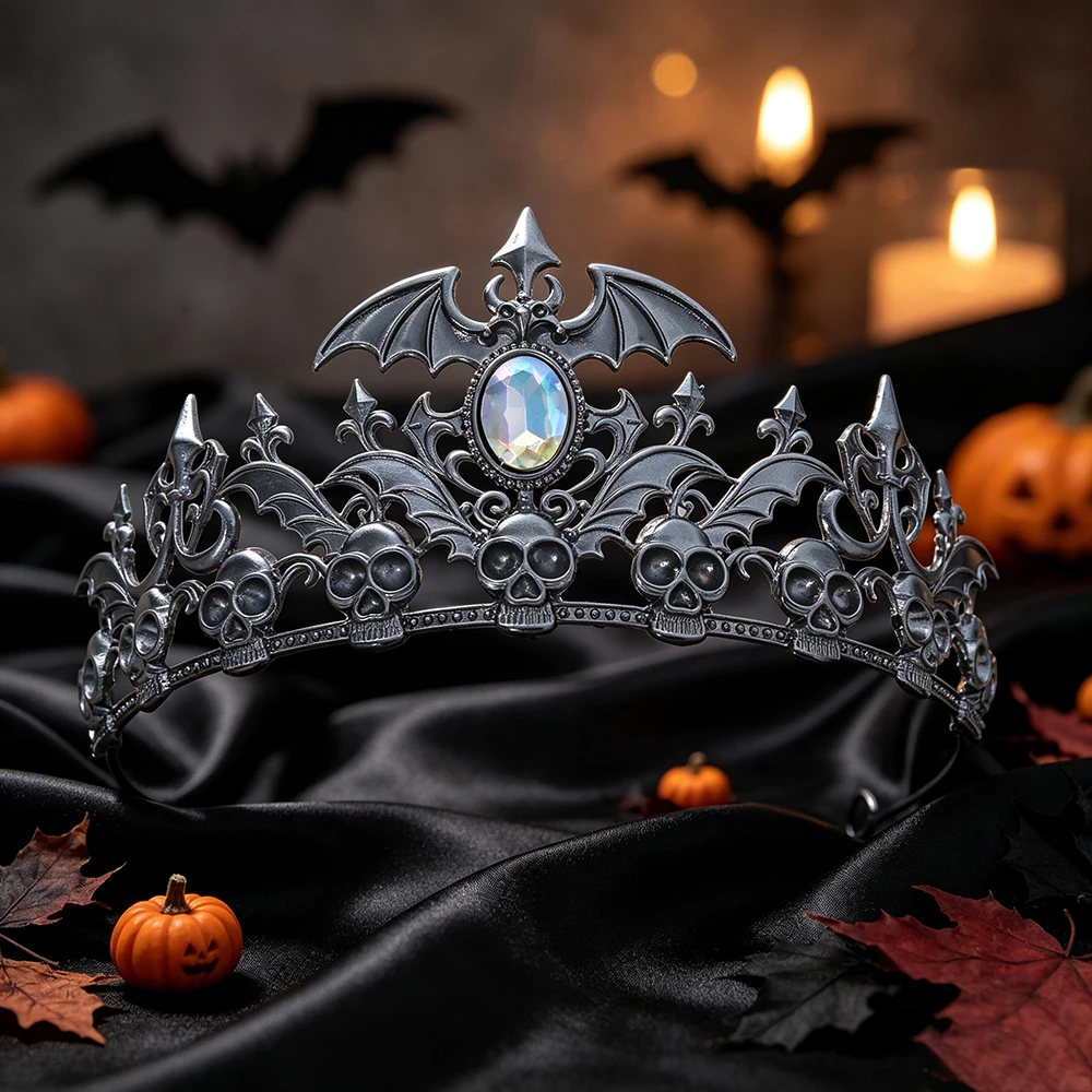 Vintage Dark Gothic Bat Skull Crown for Women Crystal Tiara Headpiece Halloween Witch Vampire Cosplay Costume Jewelry Gift