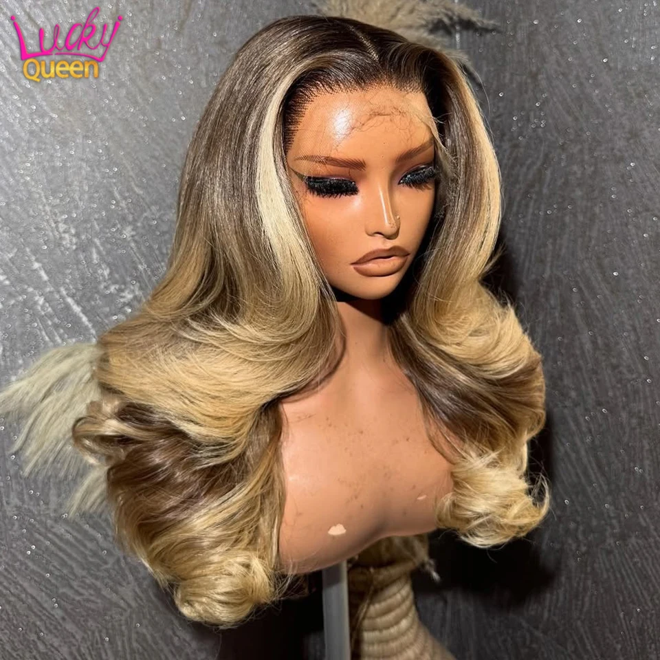 

Pre Plucked Ombre Blonde Highlights Human Brazilian Hair Wigs 13X6 Transparent Lace Front 180 Density Body Wave 13X4 For Women