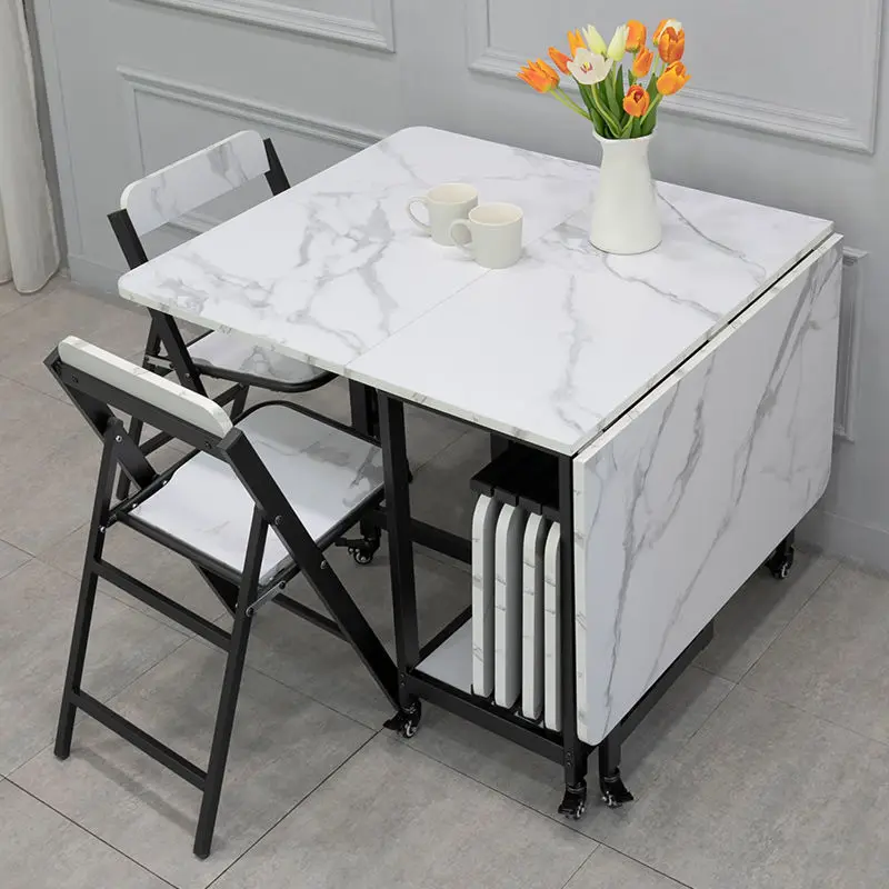 Movable folding dining table Small apartment household 8-person rectangular dining chair combination Simple eating table Simple