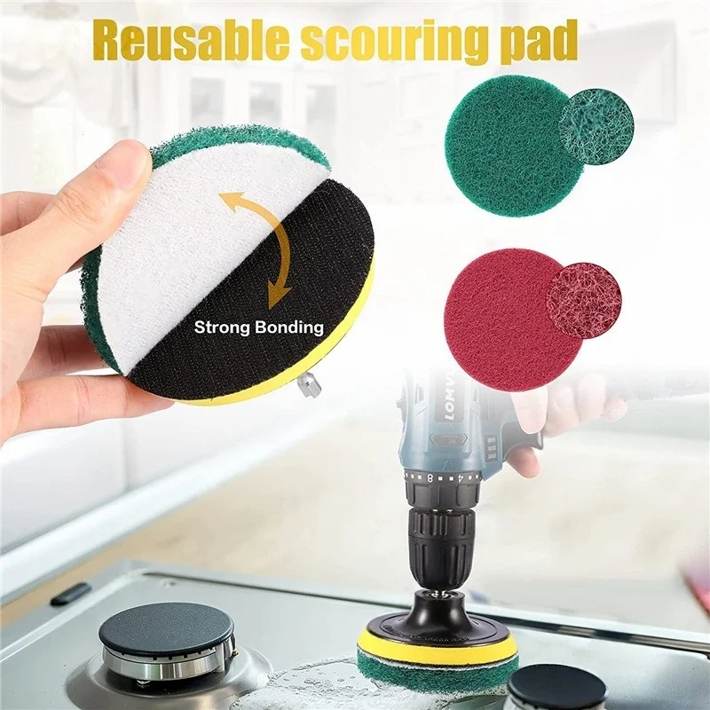 8Pcs Drill Power Brush,Tile Scrubber Cleaning Kit 4 Inch Scouring Pads With Drill Attachment Heavy Duty Household Cleaning Tool