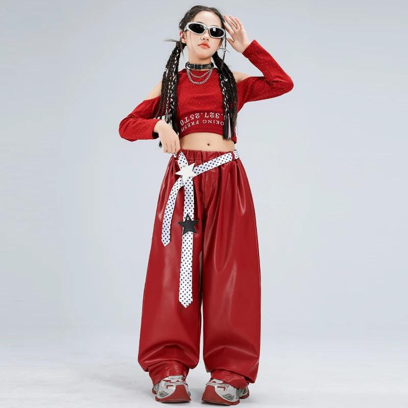 Crianças terno de dança de salão meninas jazz dança traje vermelho superior calças de couro crianças hip hop roupas grupo k-pop outfit xs10720