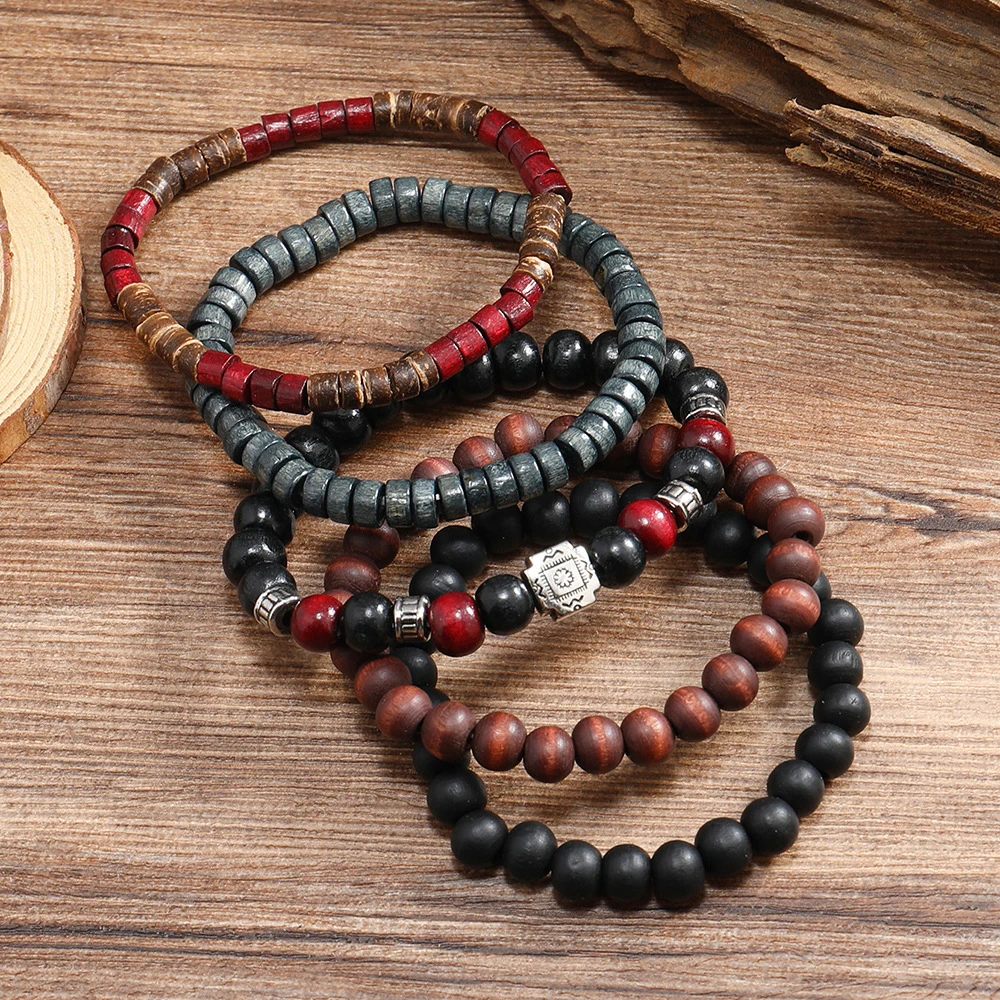 Bracelet For Men New Retro Style Cross Black Wooden Beads Coconut Shell Multi-piece Set Of Personality Bracelet