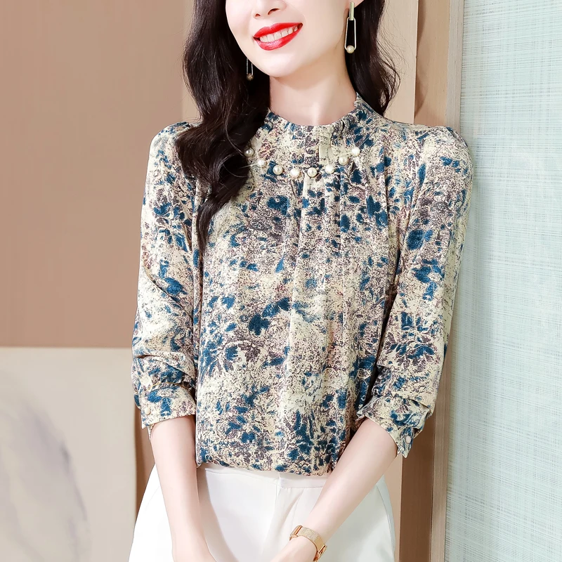 Size M-3XL Spring Summer New Chiffon Shirt Women's Beading Collar Long Sleeve Fashion Casual Top Shirts Elegant Tops Blouse