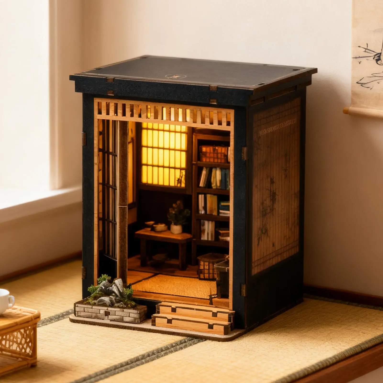 미니 하우스 빌딩 키트 목재 일본식 데스크탑 장식 미니 인형 집 세트 성인 수집가를위한 휴일 생일 가족