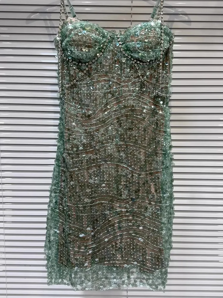 DFDG المرأة الصيف الأخضر مطرز فستان كامي بلا أكمام Bodycon فستان أنيق حفلة كلوبوير 2025 العصرية المؤنث فساتين راقية