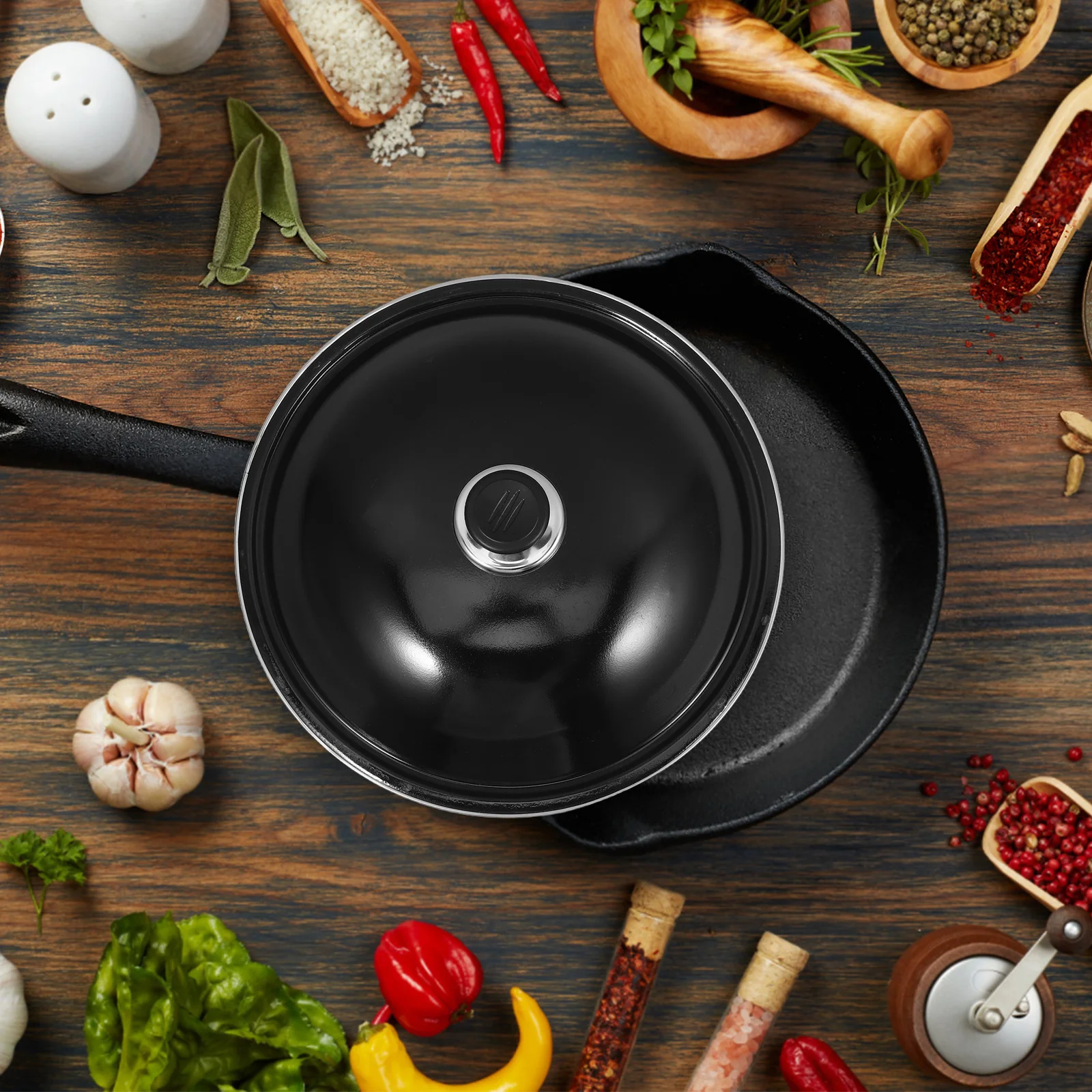 

Universal Lid For Wok Pan Black Enamel Pot Replacement Cover Cooking Steaming Soup Stockpot Frying Pan Grill Basting