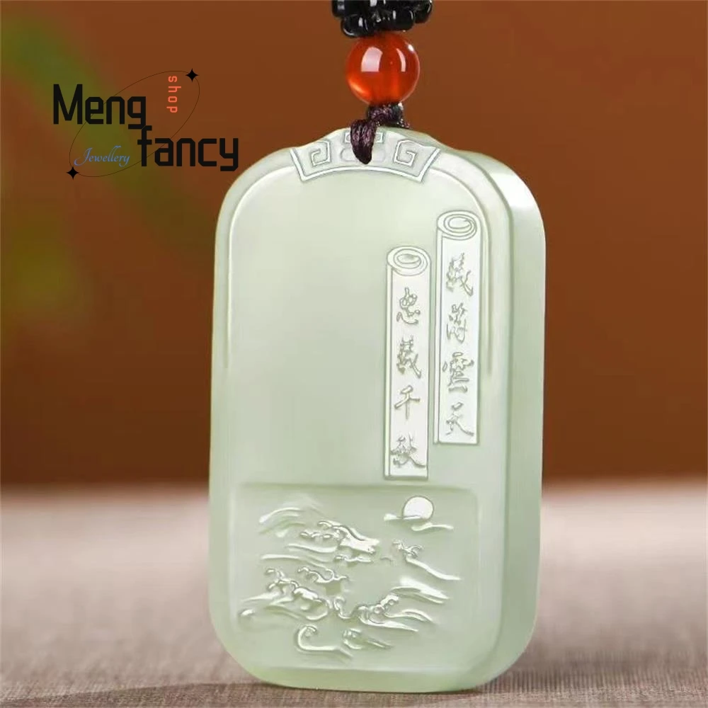 Natural Afghan Greenish White Jade Double-sided Engraving Lord Guan Pendant National Style Fashion Jewelry Popular Holiday Gifts