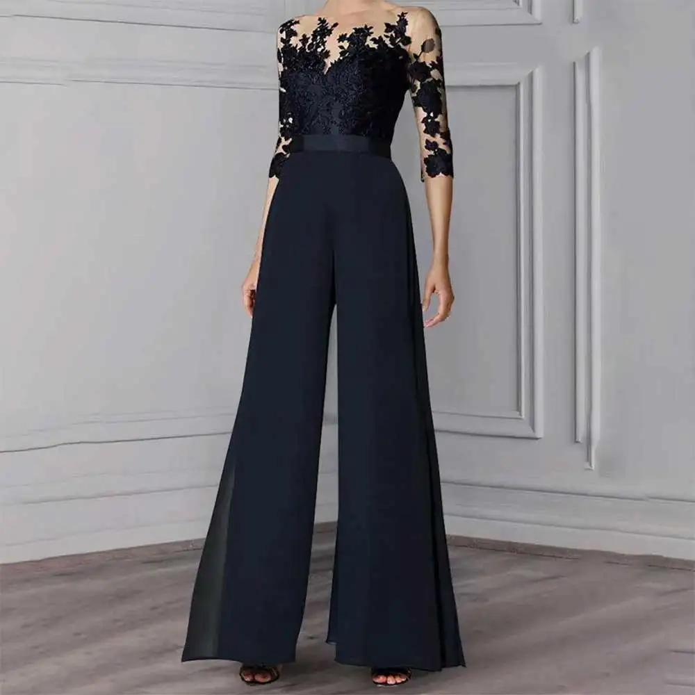 Modieuze avondjurk in broekstijl met riem en delicate appliqué, galajurk met halve mouwen, bruidsmeisjesjurken