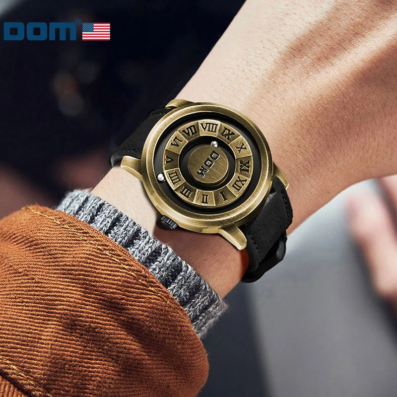 DOM 1345 Men\'s Quartz Watch bronze Personality Creative Gift Scrolling Iron Ball Magnetic Pointer Waterproof for Male Watches