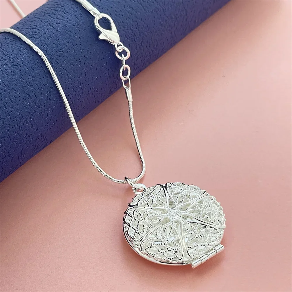 925 Silver Necklace Hollow Round Photo Frame Pendant, Suitable For Women's Daily Wear