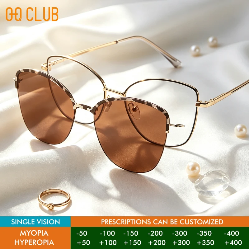 O-Q CLUB Cat Eye Polarized Sunglasses Magnetic Clip-On Myopia Optical Glasses Customizable Prescription Graduated Lenses to Read