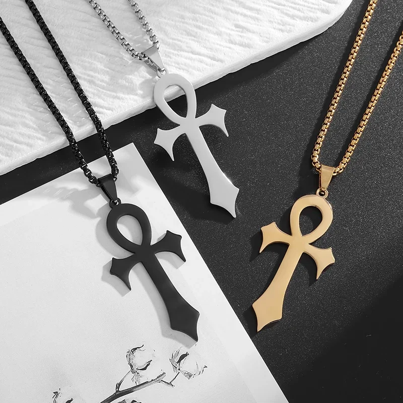 Ancient Egyptian Life Key Ankh Pendant Stainless Steel Necklace Retro Pharaoh Guardian Amulet Jewelry for Men and Women