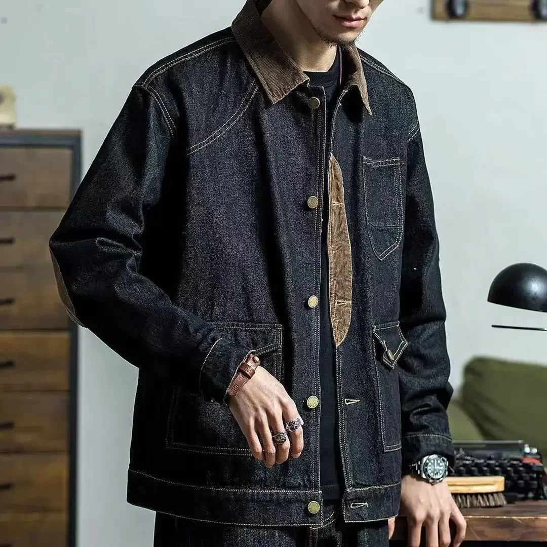 

Men's Denim Jacket Overcoat Black Spliced Male Jean Coats Wide Sleeves Original Korean Popular Clothes Menswear Cowboy Of Fabric