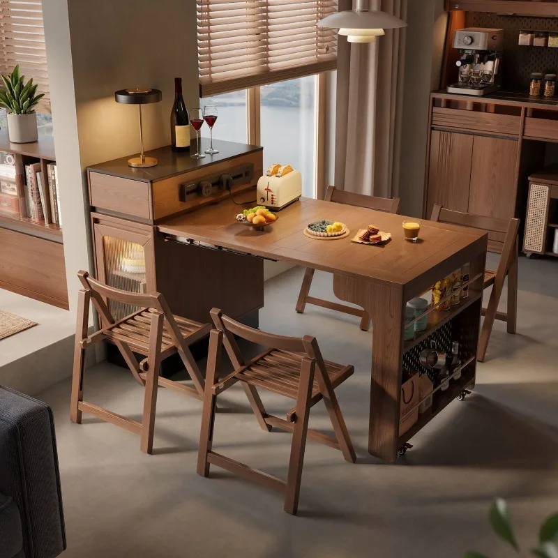 Solid wood island dining table integrated household retractable kitchen rock slab small apartment special multi-functional
