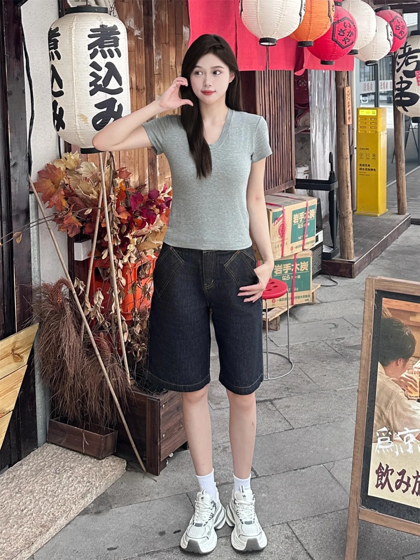 

American Vintage Black Seven-Quarter Denim Shorts Women's Summer Loose Slimming Wide-Leg Five-Quarter Mid-Pants