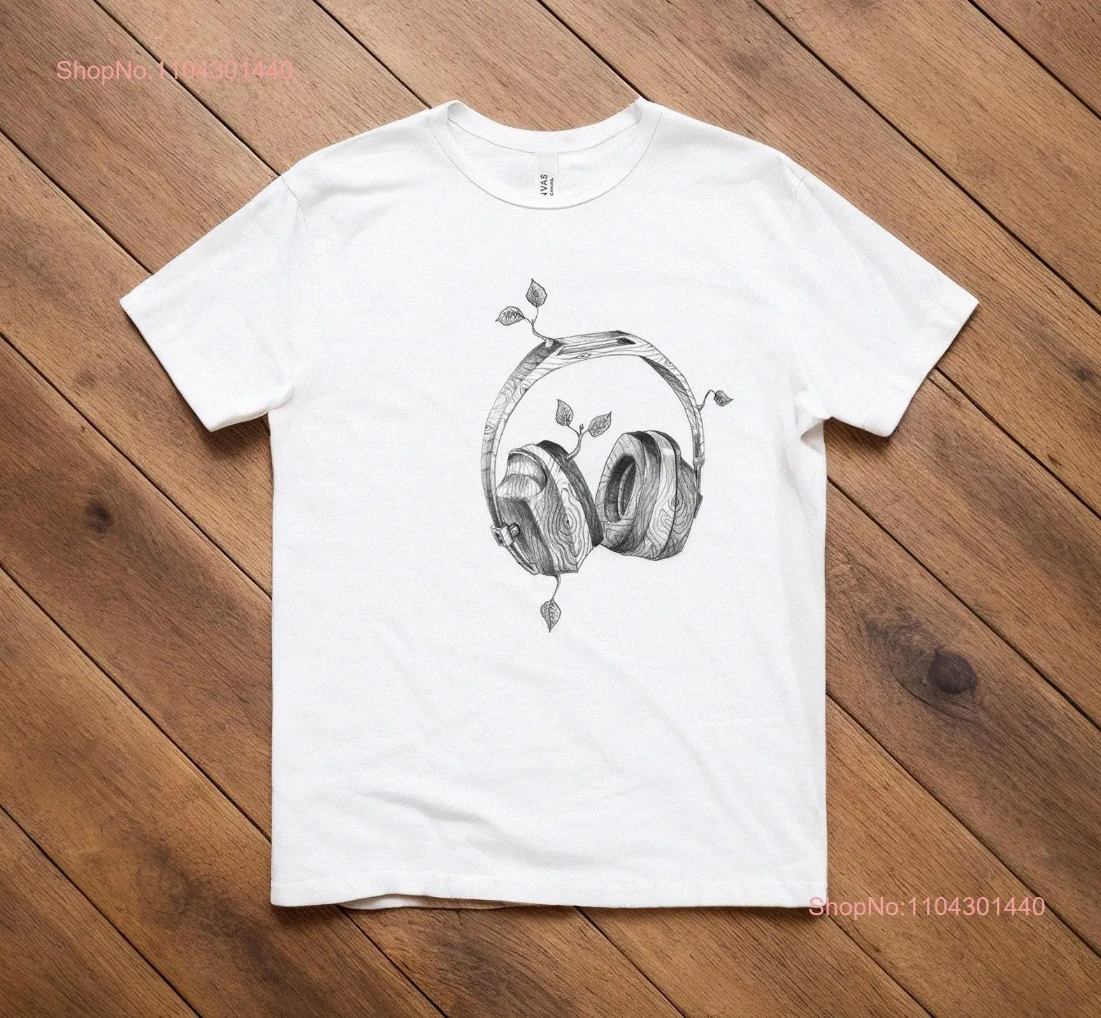 Wooden Headphones Tree Art Leaf Sound Hand Drawn T Shirt Illustrated Men Woman long or short sleeves