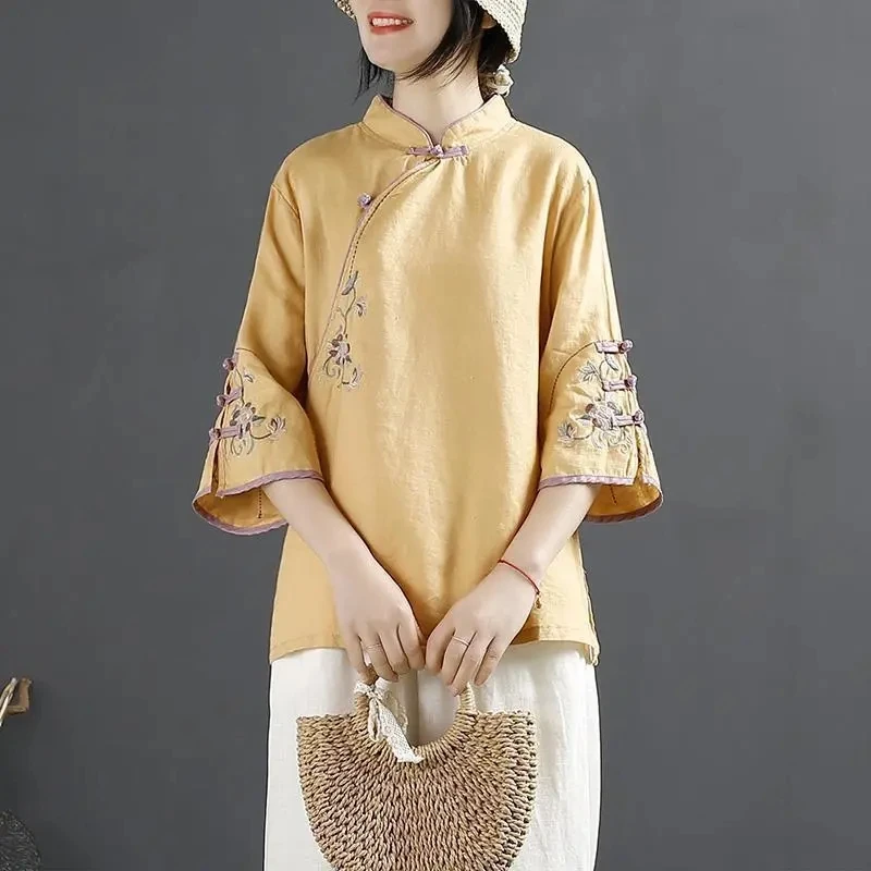 Chinese Style Embroidered Shirt Women Cotton Linen Stand Collar Three Quarter Sleeve Clothing Vintage Casual Shirts Tops A866