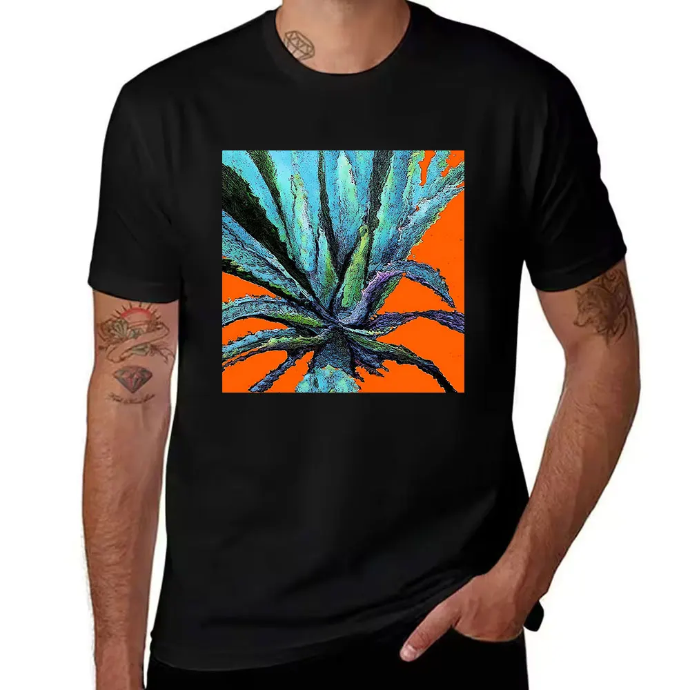 Men's Cotton Short Sleeve T-Shirt with Vibrant Agave Cactus Print, Bold Orange Background, Casual Summer Tee for Daily Wear