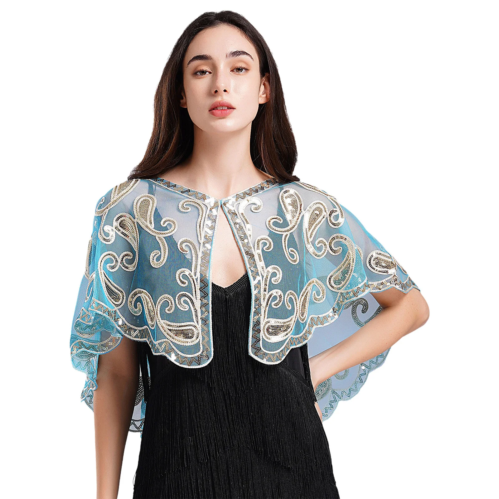 Syal payet Retro wanita, aksesoris pesta koktail, jubah malam Bahu depan terbuka, Selendang syal payet Retro 1920s untuk pernikahan