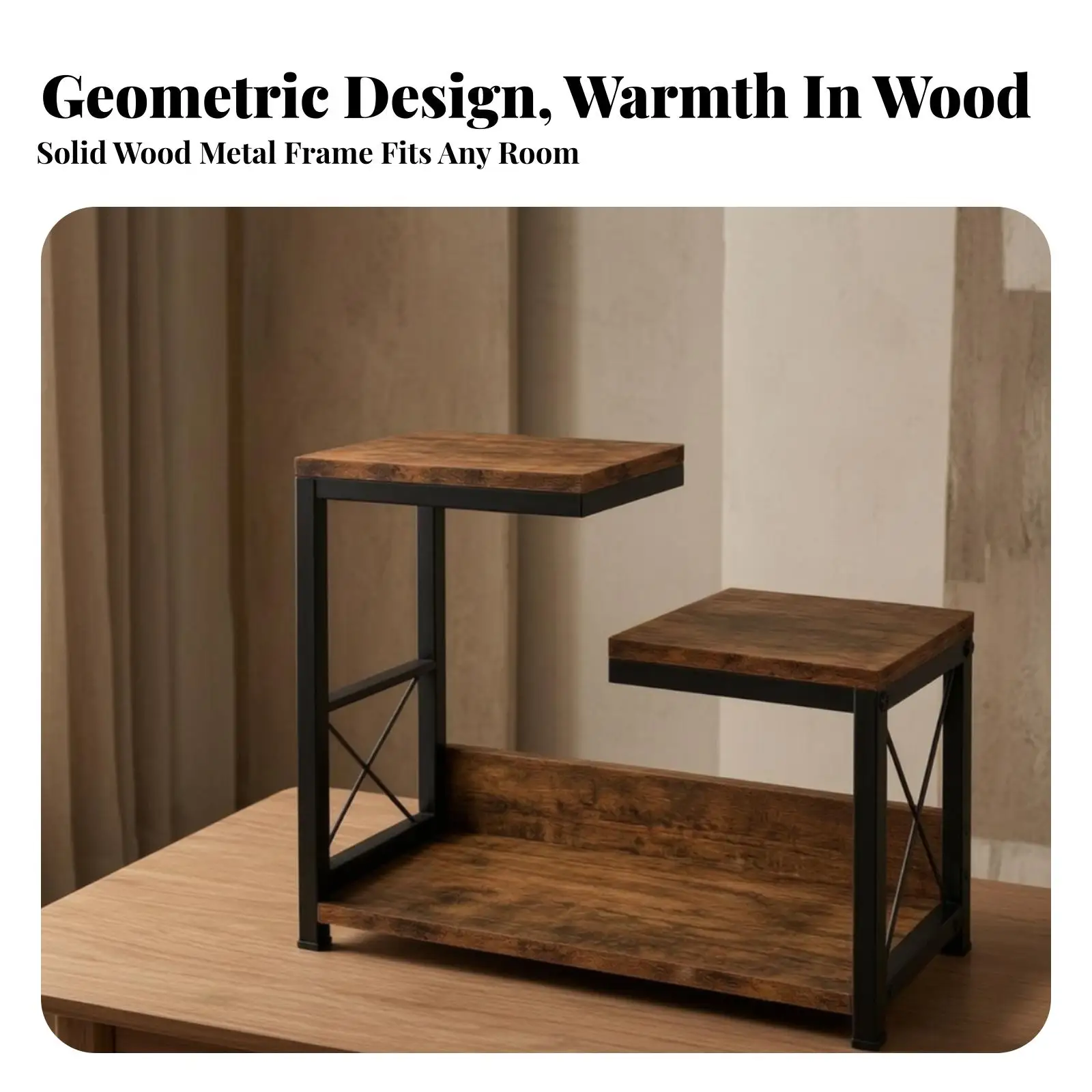 Three-Tier Desktop Storage Rack Versatile Wood and Metal Desktop Shelf Space-Saving Tabletop Organizer with Wood Shelves for