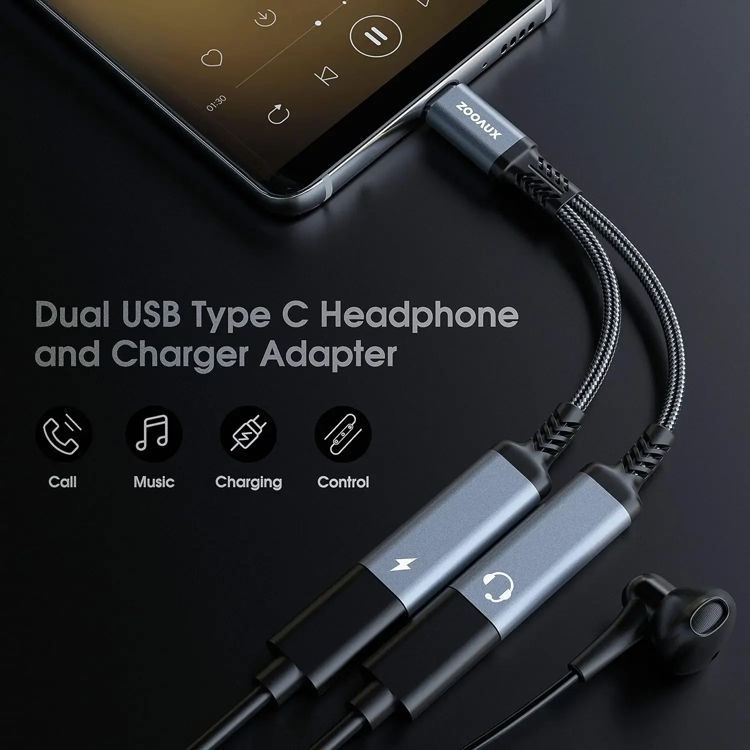 USB Type C Splitter For iPhone 15 USB C to Type C Headphone Adapter PD 60W Fast Charging AUX Audio Cable For Samsung S23 Ultra