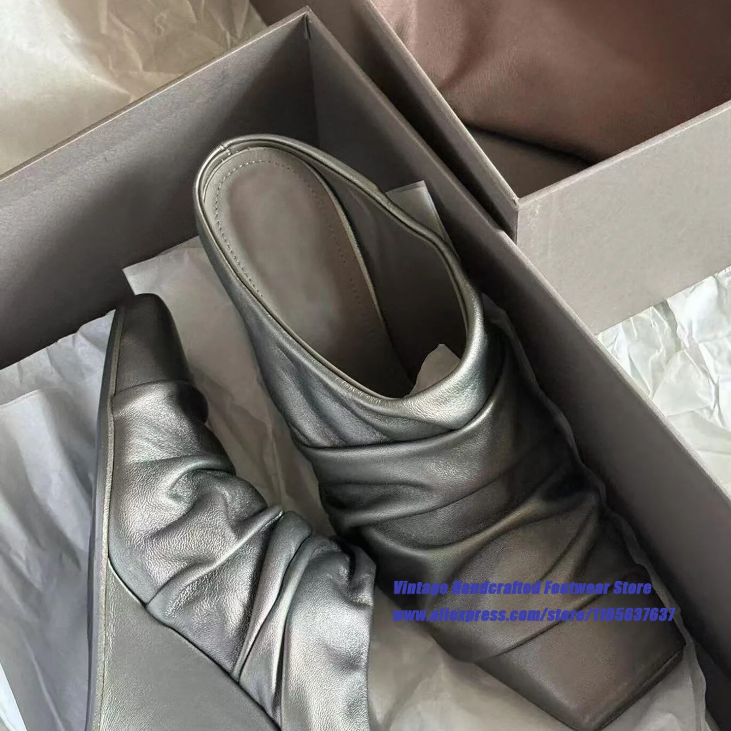 Women Soft Leather Mules Slippers Square Toe Ruched Design Unique Irregular Strange Heel Slip On Pumps Sandalias De Mujer Verano