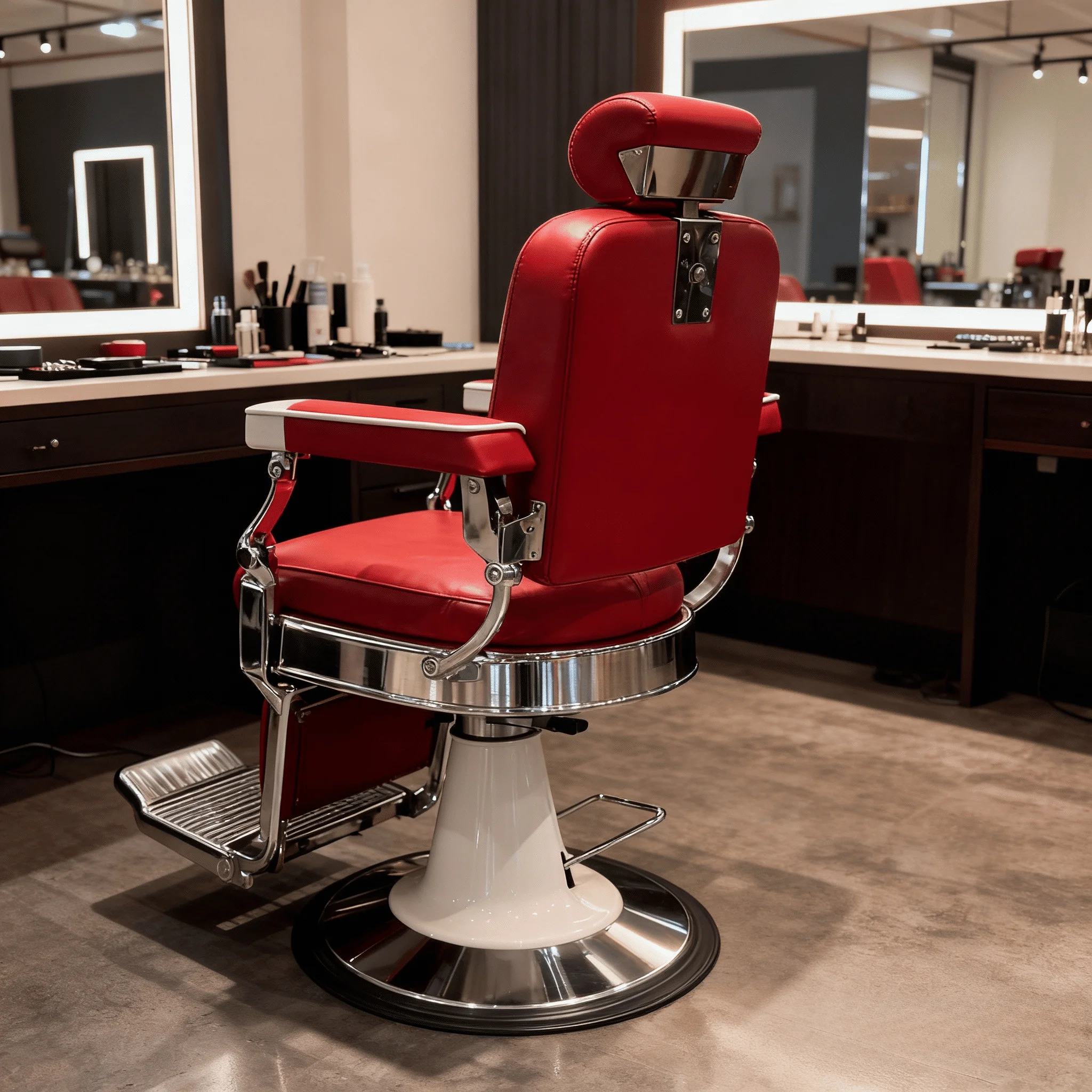 Red Professional Barber Chair - Adjustable Reclining Salon Furniture, Stylish Leather Upholstery, Chrome Frame for Commercial