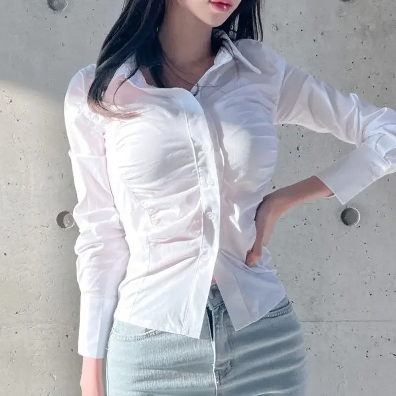 Spring Autumn New Solid Color Turn-down Collar Button Versatile Long Sleeve Fashion Slim Waist Wrinkled Shirt Women's Tops