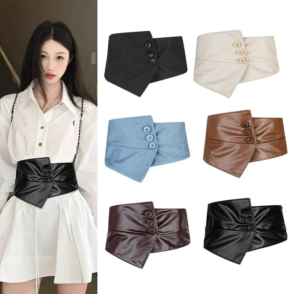 Casual Goth Retro Wide Girdle PU Leather/Fabric Fashion Trouser Button Belt Simple Design Cummerbund For Women Lady Girl Bridal