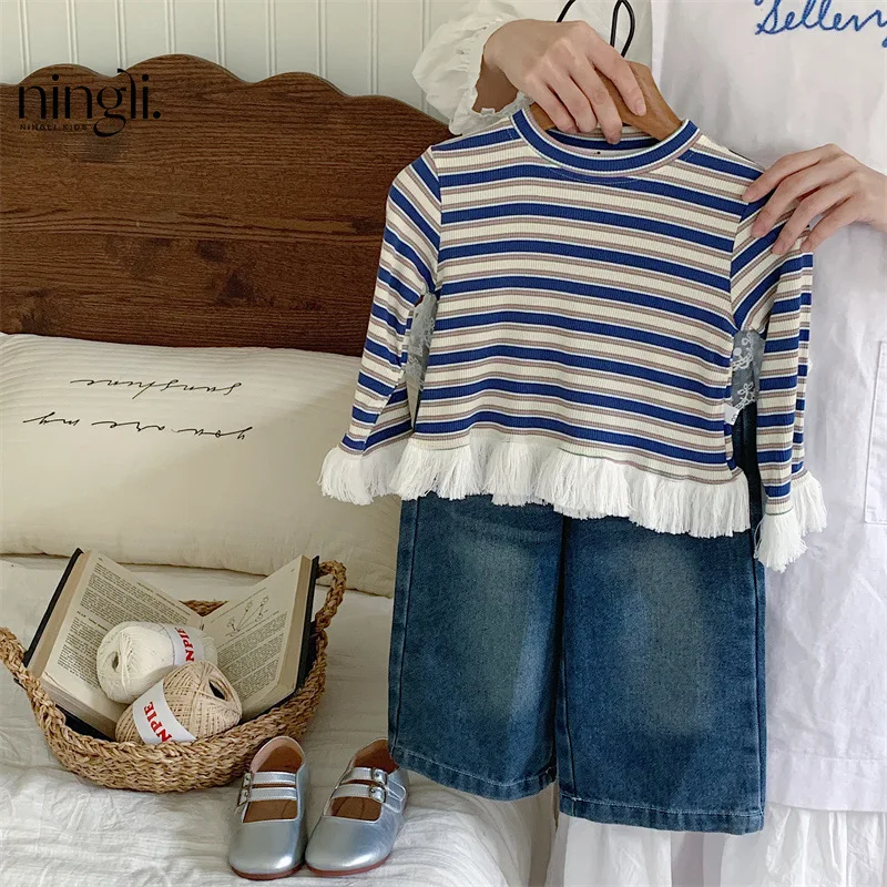 Girl T-shirt Spring Autumn New 2024 Blue Lace Spliced Striped Tops Jeans Casual Simple Fashion Sweet Korean Active Vintage Cute