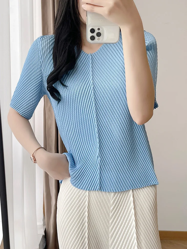 Women's Loose Fit Short Sleeve T-Shirt Pleated Elastic Summer New Style plus Size Slimming Trendy Fish Scale Pattern Polyeste...