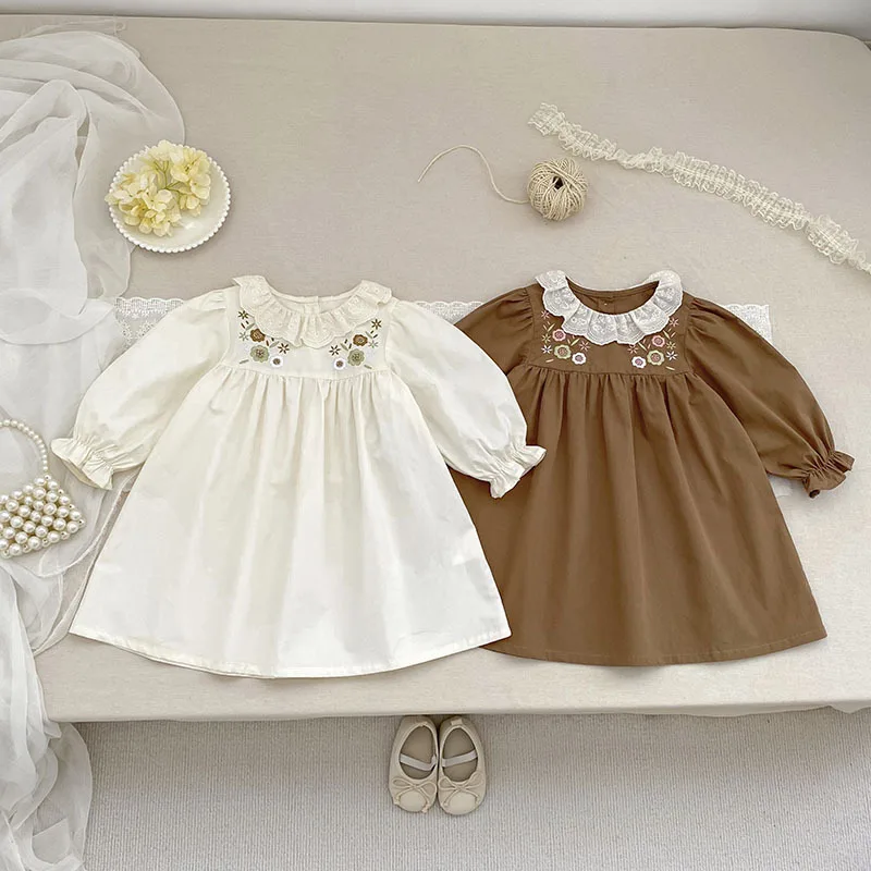 

Girls' Dress Spring and Autumn New Style Children's Fashionable Floral Embroidered Long Sleeve Dress Fashionable Baby Girl Princ