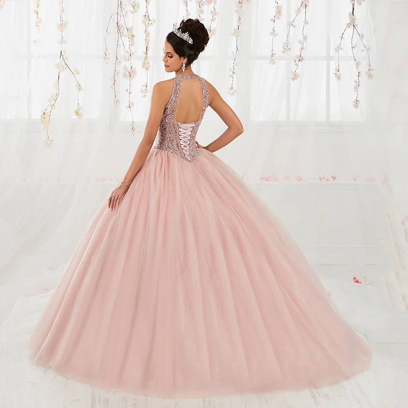 Lorencia-Vestidos de baile frisados com lantejoulas Blush, vestido Quinceanera, baile de aniversário, 15 anos, YQD342