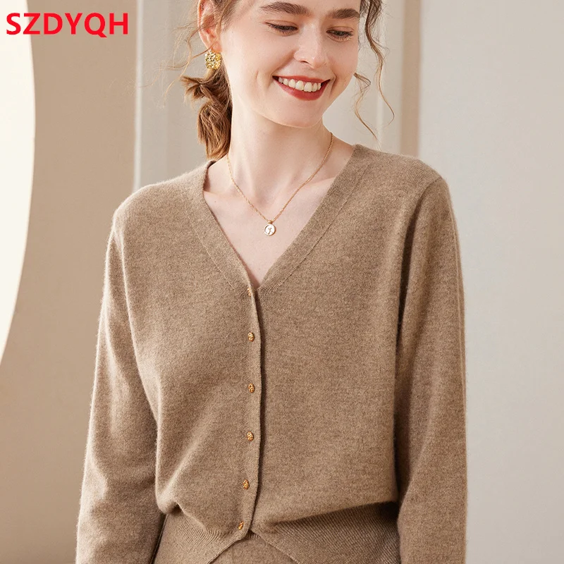 2023 Hot Sale Autumn Winter New Women 100% Cashmere Sweater Female V-Neck Solid Color Knitted Cardigans Loose Jacket Woman Tops