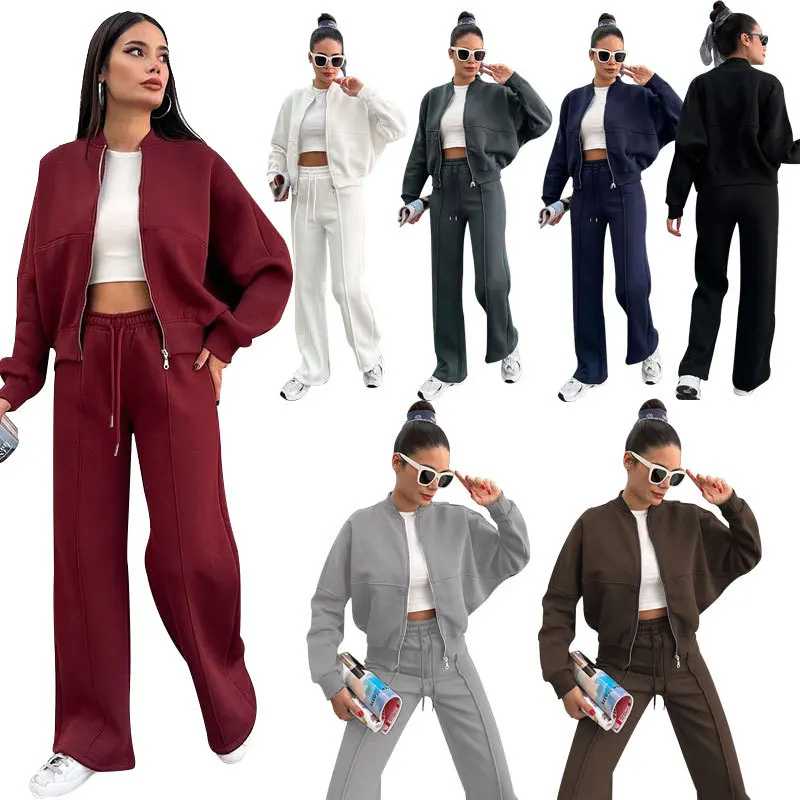 

Autumn and Winter New European and American Solid Color Zipper Cardigan Women's Fashion Casual Straight Pants Set